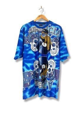 90s Blue Psychedelic DJ Graphic Print Oversized T shirt